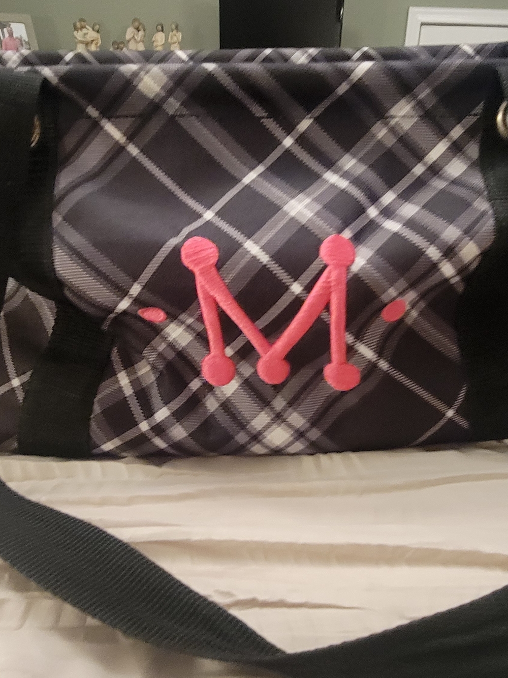 Thirty One Plaid Black Tote Bag with Pink Monogram